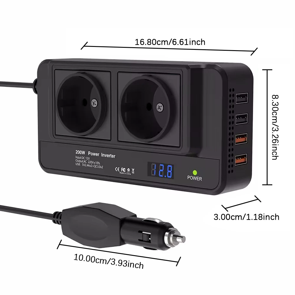 Acessórios de isqueiro do carro, 200W, DC para AC Auto Montado Inversor, Tomada UE, 12V a 220V, 400W, 4 USB, Peak Power