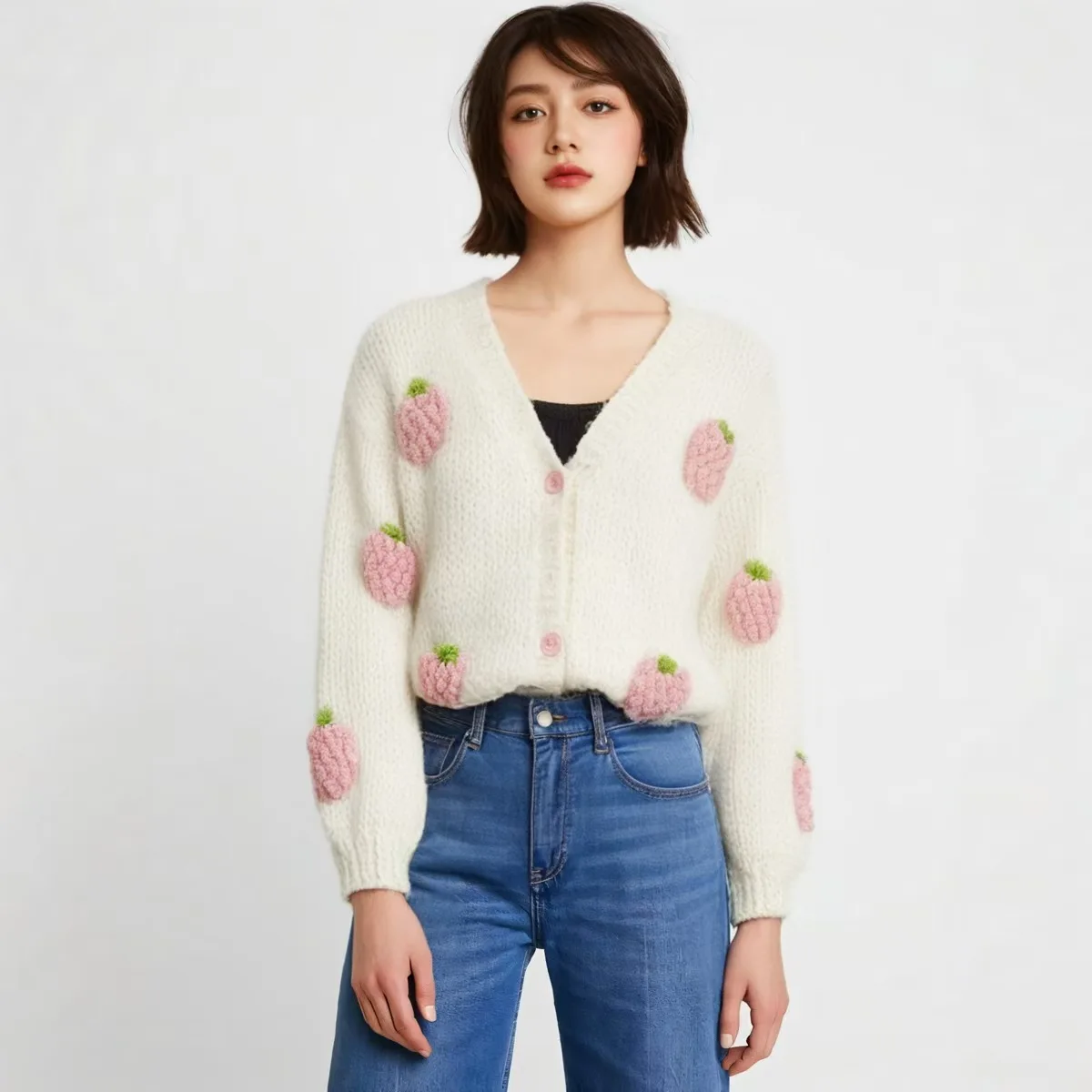 Strawberry Printed Crochet Cardigans Women Winter Korean Style Loose Knitting Sweater Female Fashion Casual V Neck Cardigan Tops