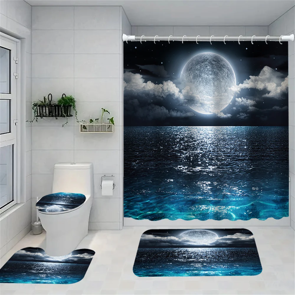 1/4 Set Sea Surface Shower Curtains, Toilet Seat Decoration, Shower Curtain with Carpet and Toilet Lid, 12 70.8x70.8 inch Hooks