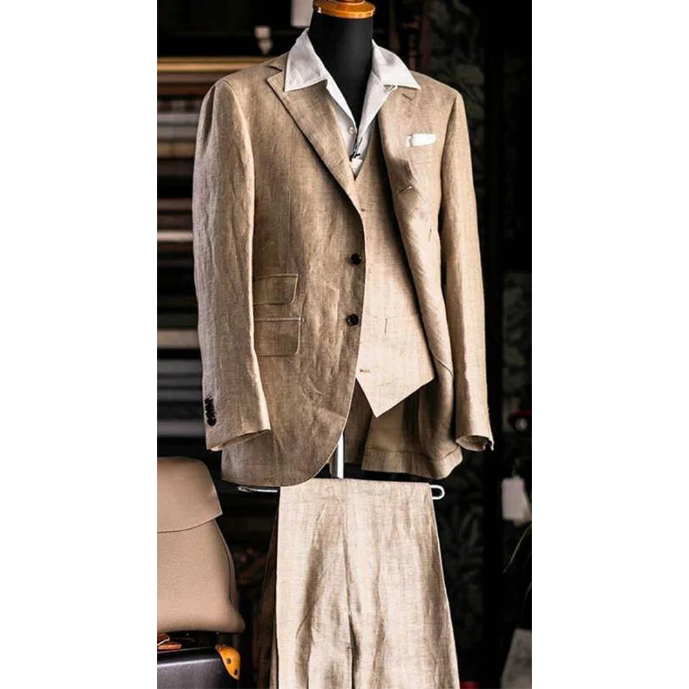 

Men Suit 3 Piece Set Cotton Linen Slim Fit Single Breasted Stylish Business Suit Comfortable Office Formal Wear Elegant Casual S
