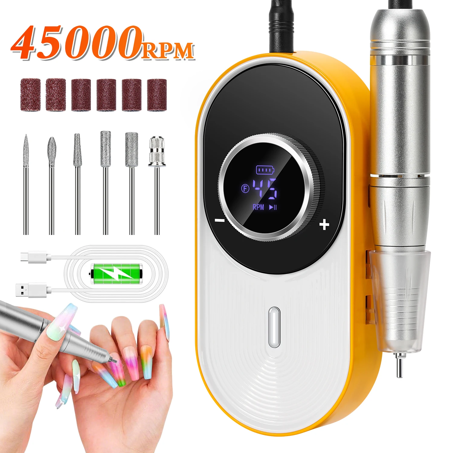 

45000 RPM Rechargeable Electric Nail Drill Machine Nail Mill Cutter Sets With Nail Drill Bits Portable Nail Salon Nail Files Kit