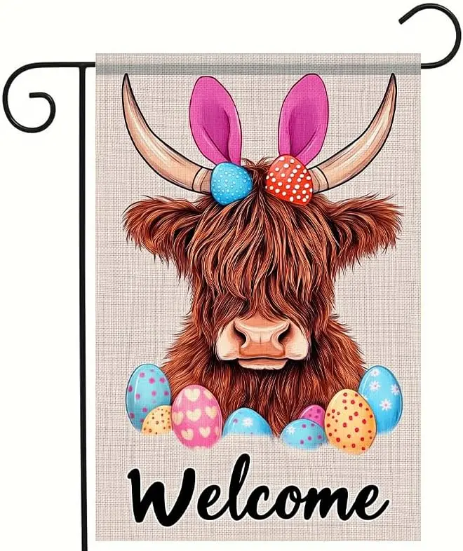 Happy Easter Garden Flag 12x18 Inch Double Sided Highland Cow Bunny Ear Egg Welcome Design Small Outdoor Yard Flag Spring Ea EEZ