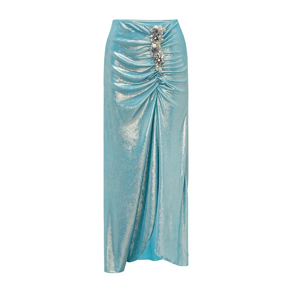 Costume da bagno intero blu sexy 2024 e gonna Costume da bagno monokini con scollo a V profondo ricamato lucido solido vintage