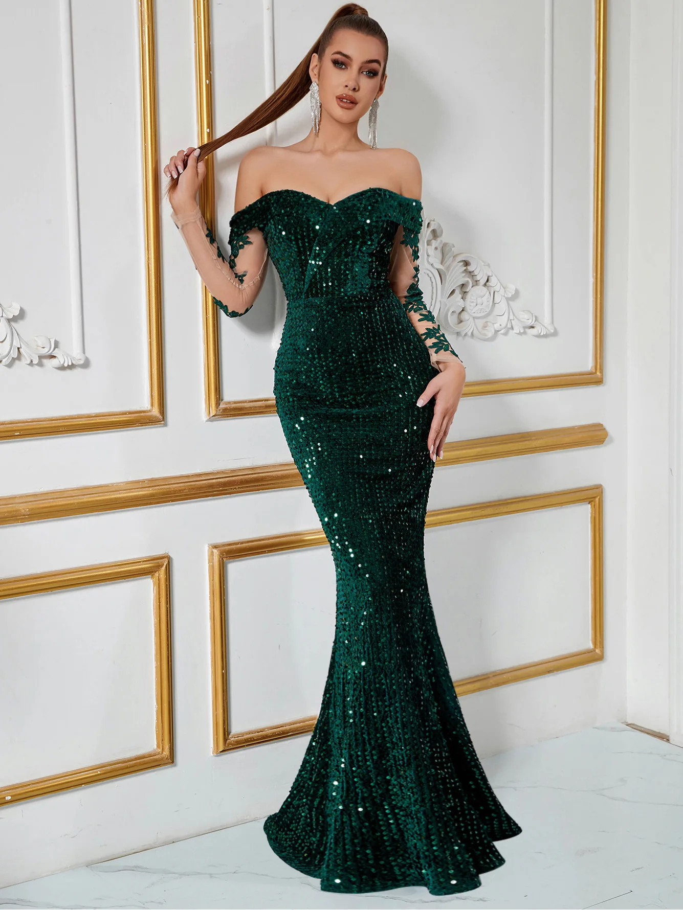 Nowa Błyszcząca Zielona Sukienka Wieczorowa z Cekinami, Odkryte Ramiona, Koronkowe Aplikacje, Długie Rękawy, Krój Syreny, Suknia Balowa na Studniówkę, Konkurs Piękności, Imprezę