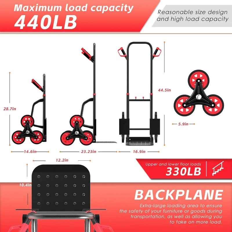 Stair Climbing Hand Truck 440lb Thickened Upgraded Steel Tube Folding Stair Climbing   with Six Wheels and Telescoping Handle