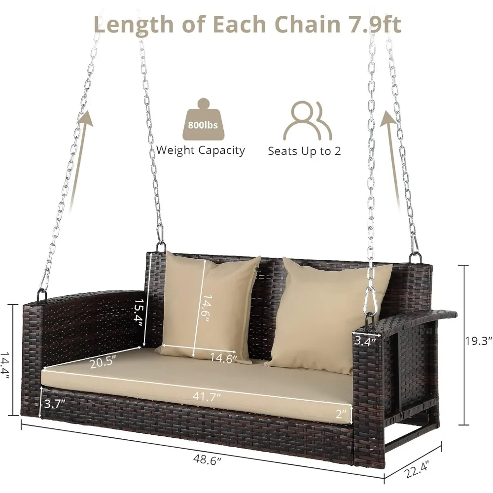 Stylish Patio Swing Bed with Seat Cushion - Adjustable Rope Hanging Swing Chair 800lbs Capacity 2-Person Outdoor Rattan Swing