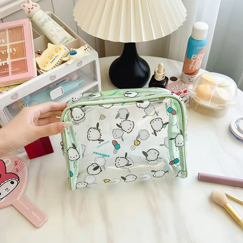 Cute Sanrio Kuromi Makeup Bag Anime Cinnamoroll Hello Kitty Waterproof Transparent High-Capacity Woman Toiletries Storage Bag