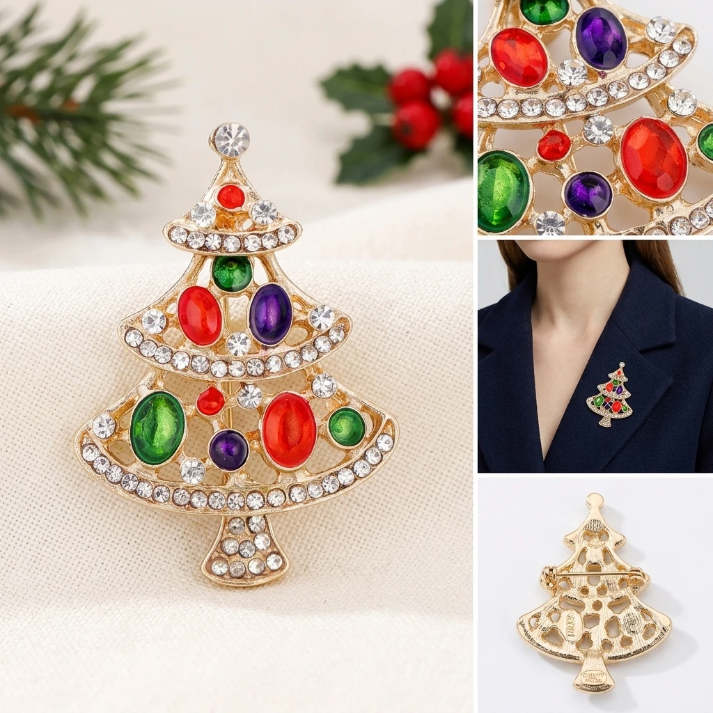 Christmas Rhinestone Star Christmas Tree Brooch for Women Pearl Botanical Pin Banquet Party Backpack Gifts Jewelry Accessories