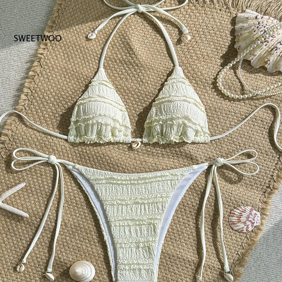 Women Ruffled Bikini Set Halter Tie Up Triangle Top with Shell Decoration Side Tie Bikini Bottom Two Piece Swimsuit