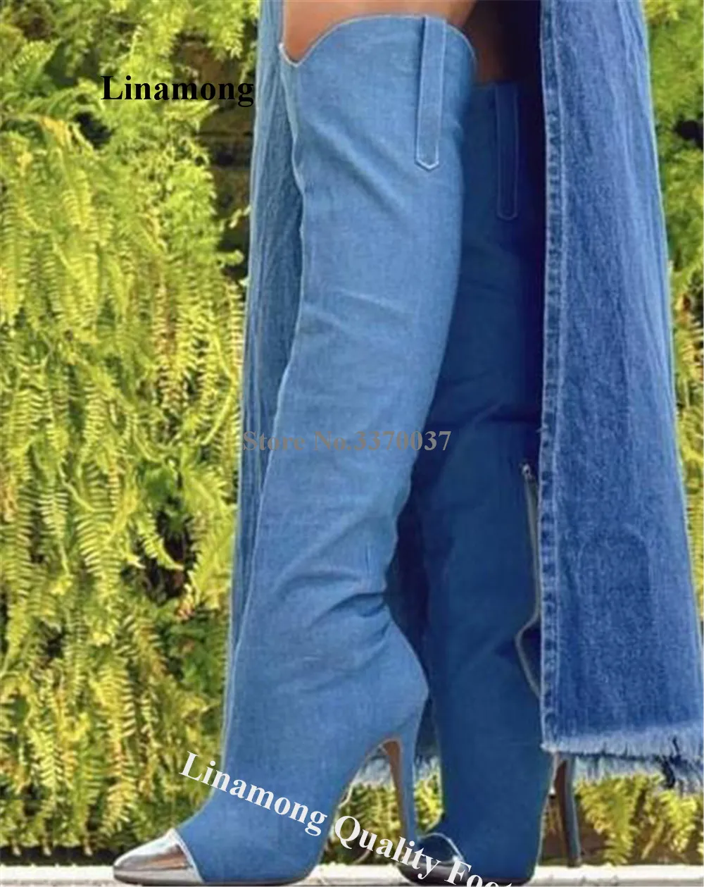 Linamong Sexy Blue Denim Knee High Thin Heel Boots Silver Metal Pointed Toe Stiletto Heel Long Boots Big Size Boots