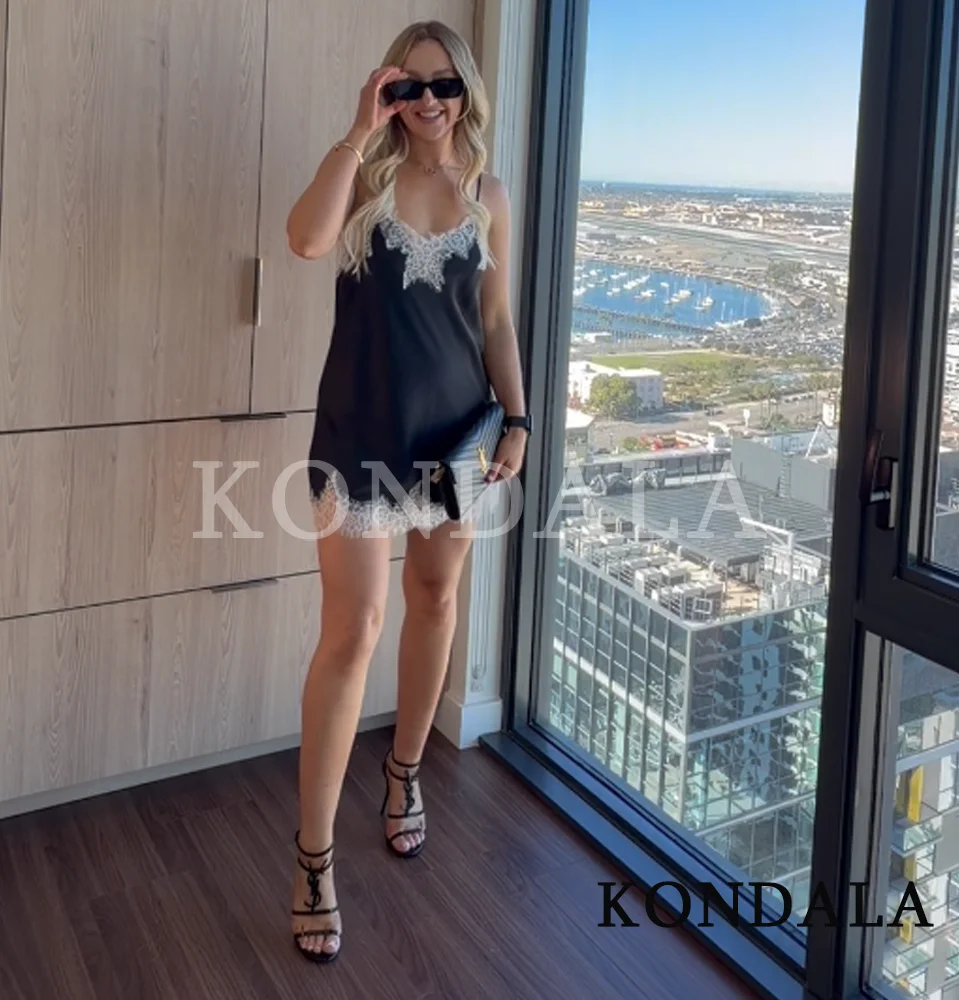 KONDALA Dating Satin Lace Tops Women Sexy Contrasting Suspender Tops 2026 Spring Summer Fashion High Street Holiday Party Tops