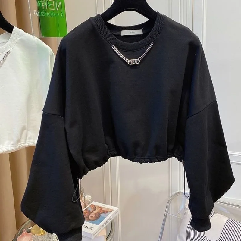 Vrouwen Koreaanse Lente Herfst Zwarte Sweatshirts 2023 Nieuwe Dame Mode Ketting Lange Mouw Trui Casual Joker Tops Vrouwelijke