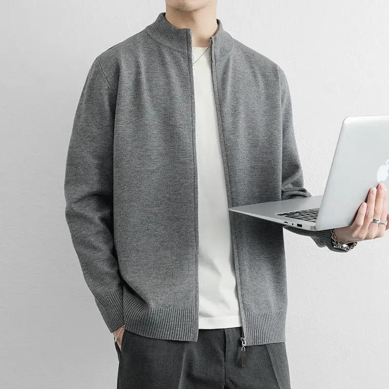 Men Stand Collar Full Zip Textured Fabric Long Sleeve Knit Cardigan