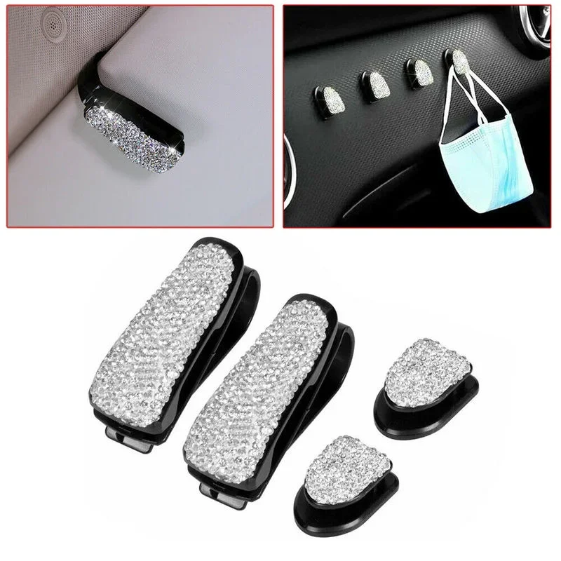 

4Pcs White Bling Car Glasses Holders Car Sun Visor Sunglasses Eyeglasses Mount with Ticket Card Clip Car Interior Accessories