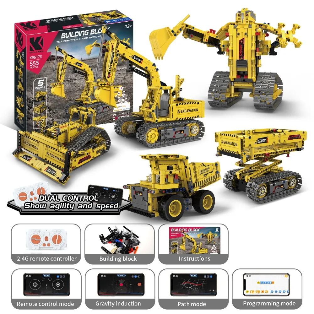 K96173 555pcs 5-in-1 Engineering Vehicle Kit App-Controlled STEM Building Set with RC Programmable Features STEM Education Toy