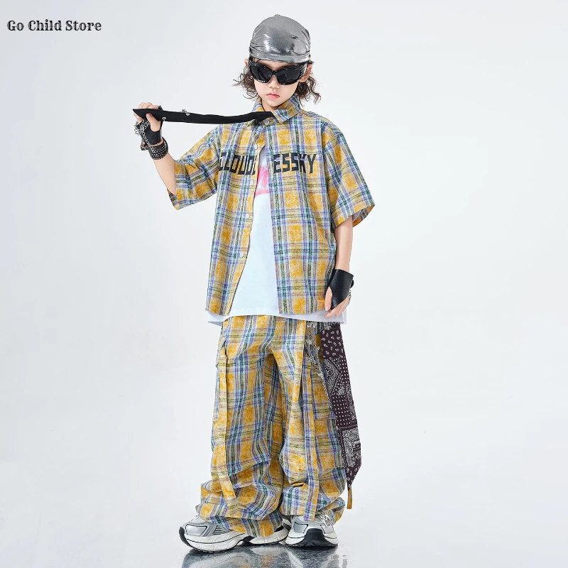 Hip hop meninas camisa xadrez calças de carga meninos moda roupas de dança de rua conjunto crianças adolescentes streetwear crianças k-pop jazz traje