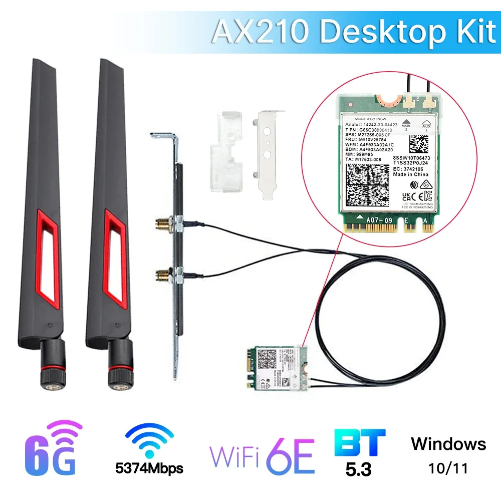 5374Mbps pour Intel AX210 stérilisation 11ax Wi-Fi 6E Carte Bluetooth 5.3 MU-MIMO AX210NGW Bureau Kit 2.4G/5G/6 mesurz WiFi Adaptateur P1 10/11