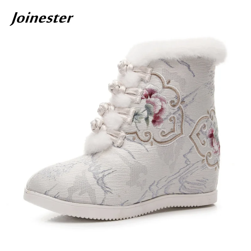 Women Embroidered Fur Lined Ankle Boots Height Increased Short Plush Warm Winter Booties with Traditional Button