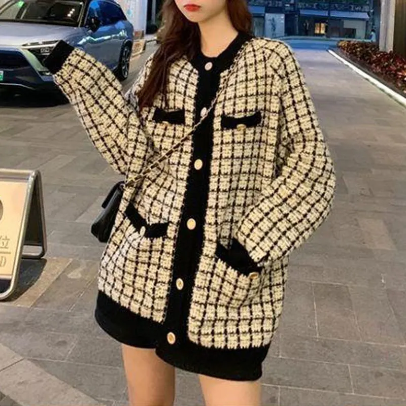 Stylish Plaid Patchwork Knitted Cardigan Female Clothing Commute O-Neck Single-breasted Autumn Winter Pockets Korean Sweaters