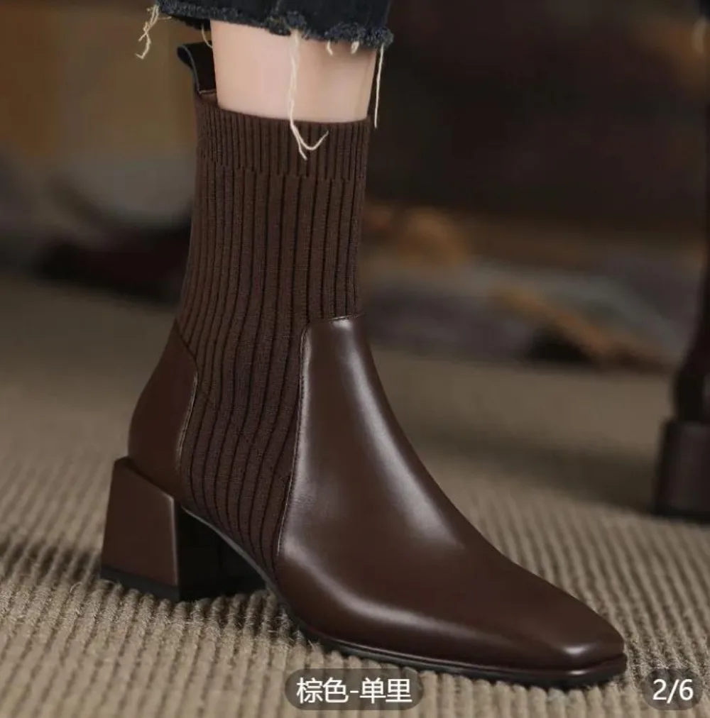 Botas cortas de tacón grueso para mujer, botines con calcetines elásticos, estilo Chelsea, talla grande 43, otoño e invierno, 2023