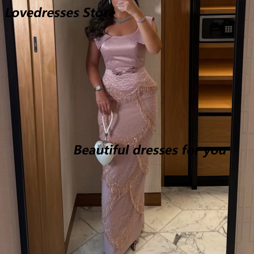 Customized Pink Satin Fold Collar Beaded Fringe Bow Mother Of The Bride Gown Waist  Mermaid Back Slit Wedding Guest Maxi Dress image 4