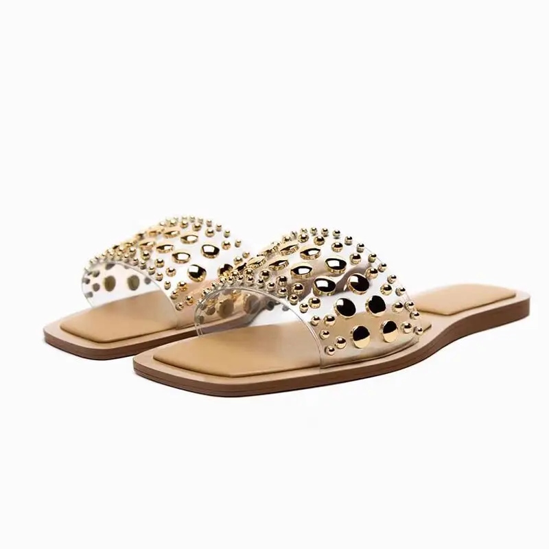 TRAF Leather Slipper For Women 2024 Gold Casual Flat Shoes Female Summer Beach Sandals Woman Comfortable Streetwear Flats Shoes