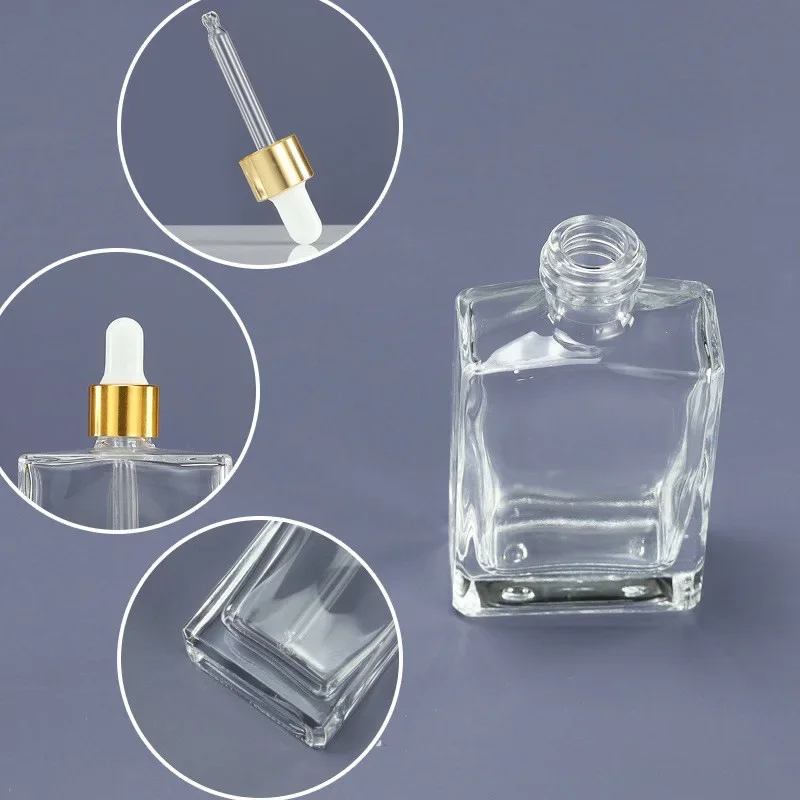 30ml 50ml 15ml 100ml Serum Essential oil Glass Dropper Bottles Clear Frosted Flat Rectangle Square Perfume Glass Dropper Bottles