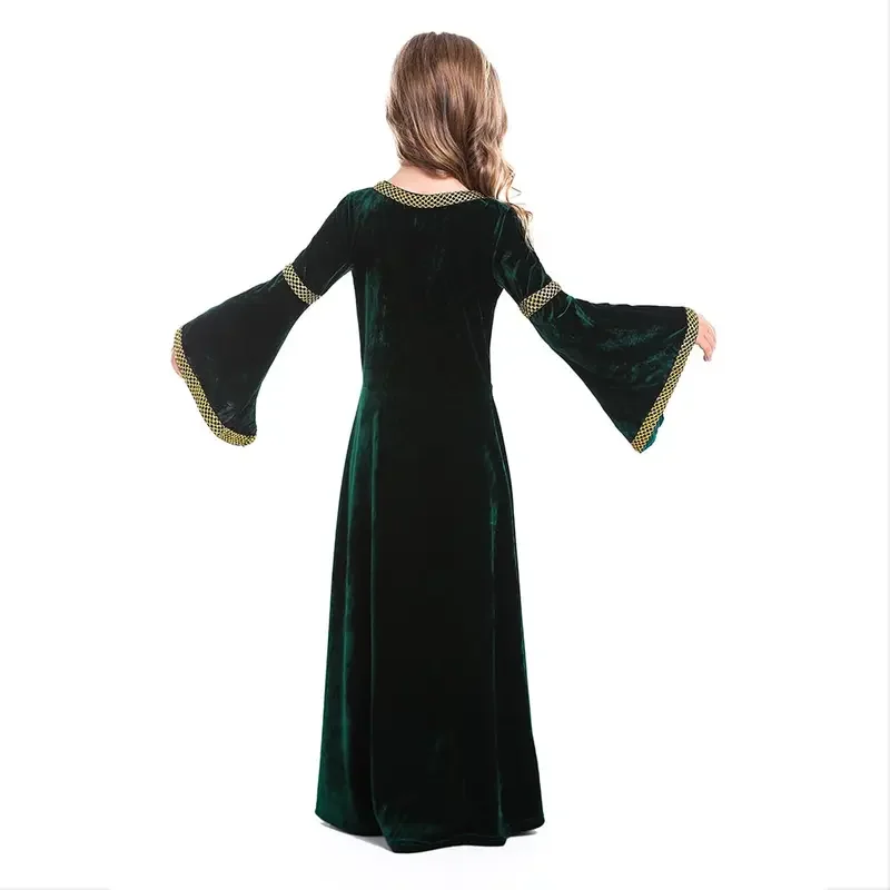 Kids Girls Media Princess Cosplay Fantasy Dark Green Retro Gown Halloween Renaissance Disguise costume Vintage Outfits