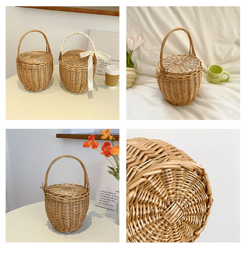 Weidenkorb Tasche Frauen Sommer Strand Natürliche Rattan Stroh Eimer Totes Handarbeit Gewebt Handtaschen Neue – Detail 7