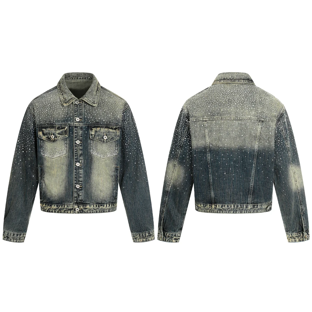 

Man high quality rhinestone Blue Denim Jacket Vintage Male Coat Casual Outerwear Fitted Jacket