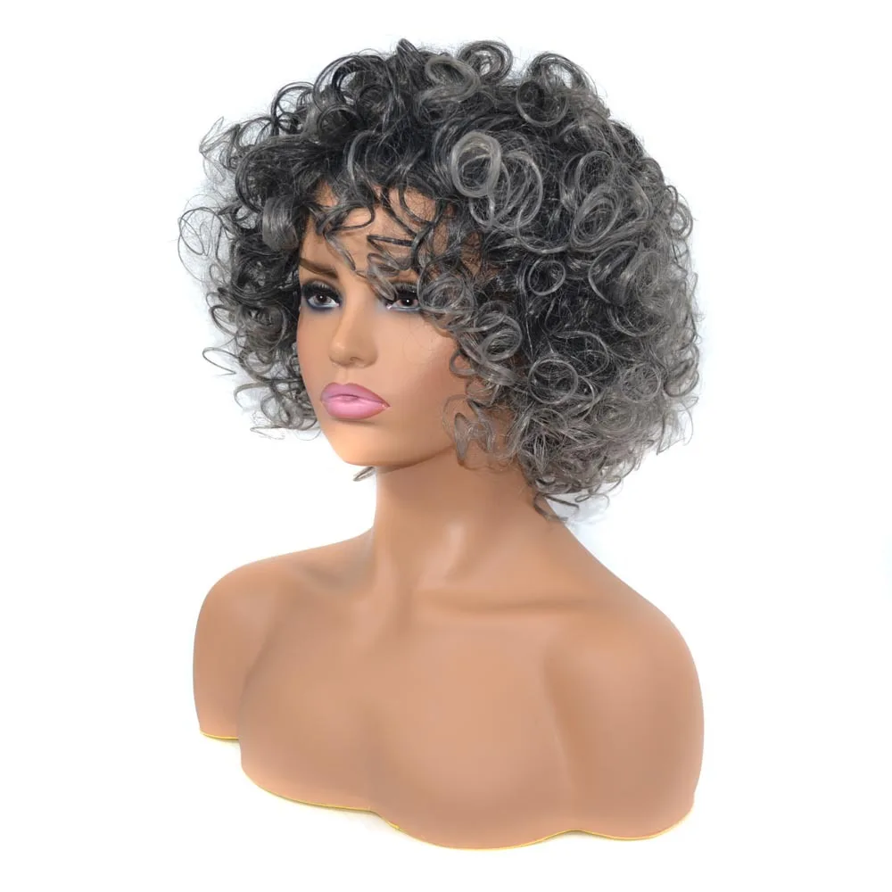 

Jeedou Short Hair Wigs Curly Fluffy Wig Mix of Black Gray Colors Wig Daily Use Synthetic Hair Wigs for Women