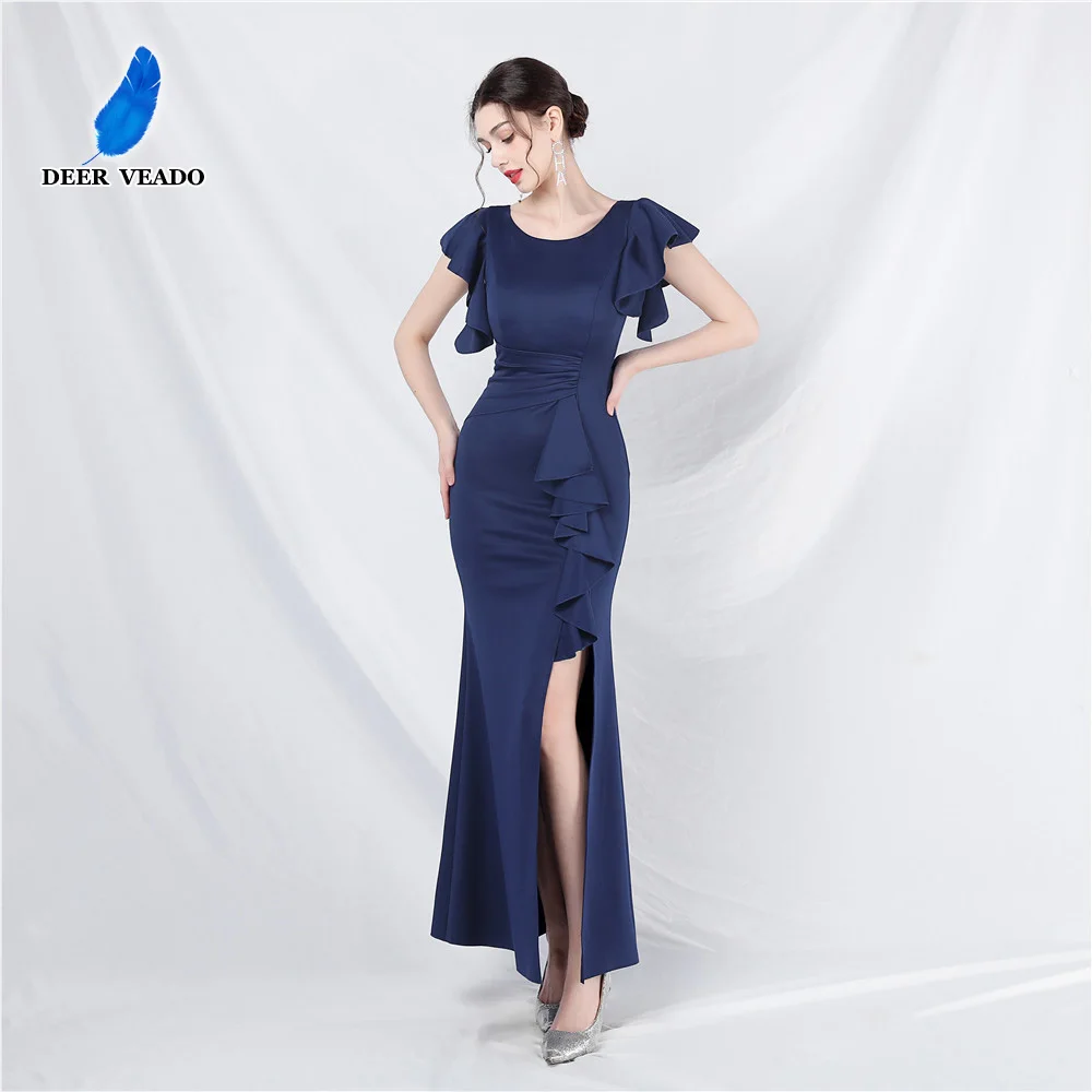 

DEERVEADO Elegant Mermaid O Neck Soft Satin Evening Dress for Woman Candy Color Formal Occasion Dress Party Maxi Dresses