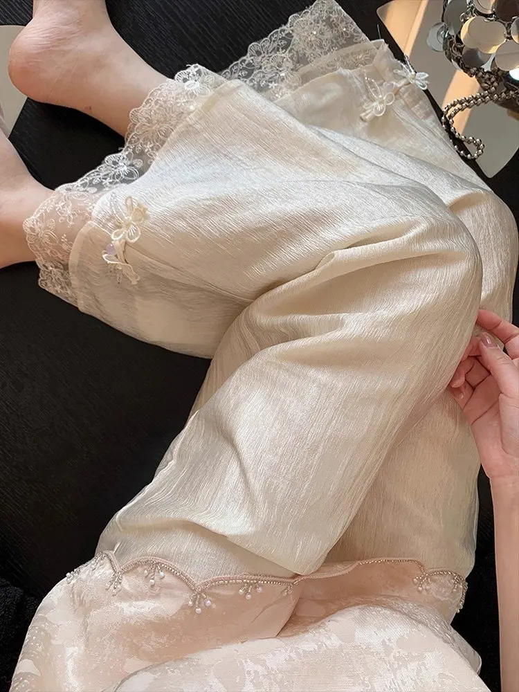 

Новые китайские брюки с кружевными вставками и жемчужным блеском, повседневные, женские, лето 2025, с высокой талией, прямые, из полиэфирного волокна