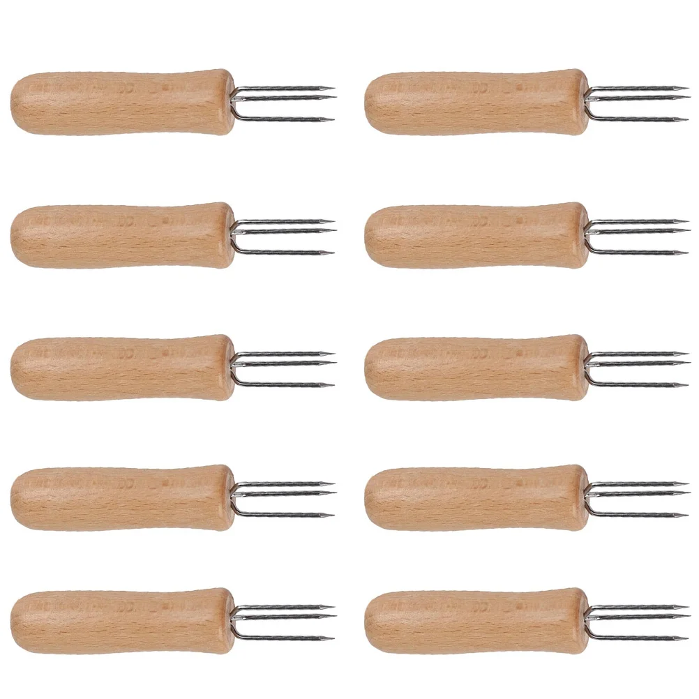 

10pcs Three Tooth Wood Handle Fork Stainless Steel Corn Holders Bbq Cooking Tools Portable Food Skewers Fruit Vegetable Meat