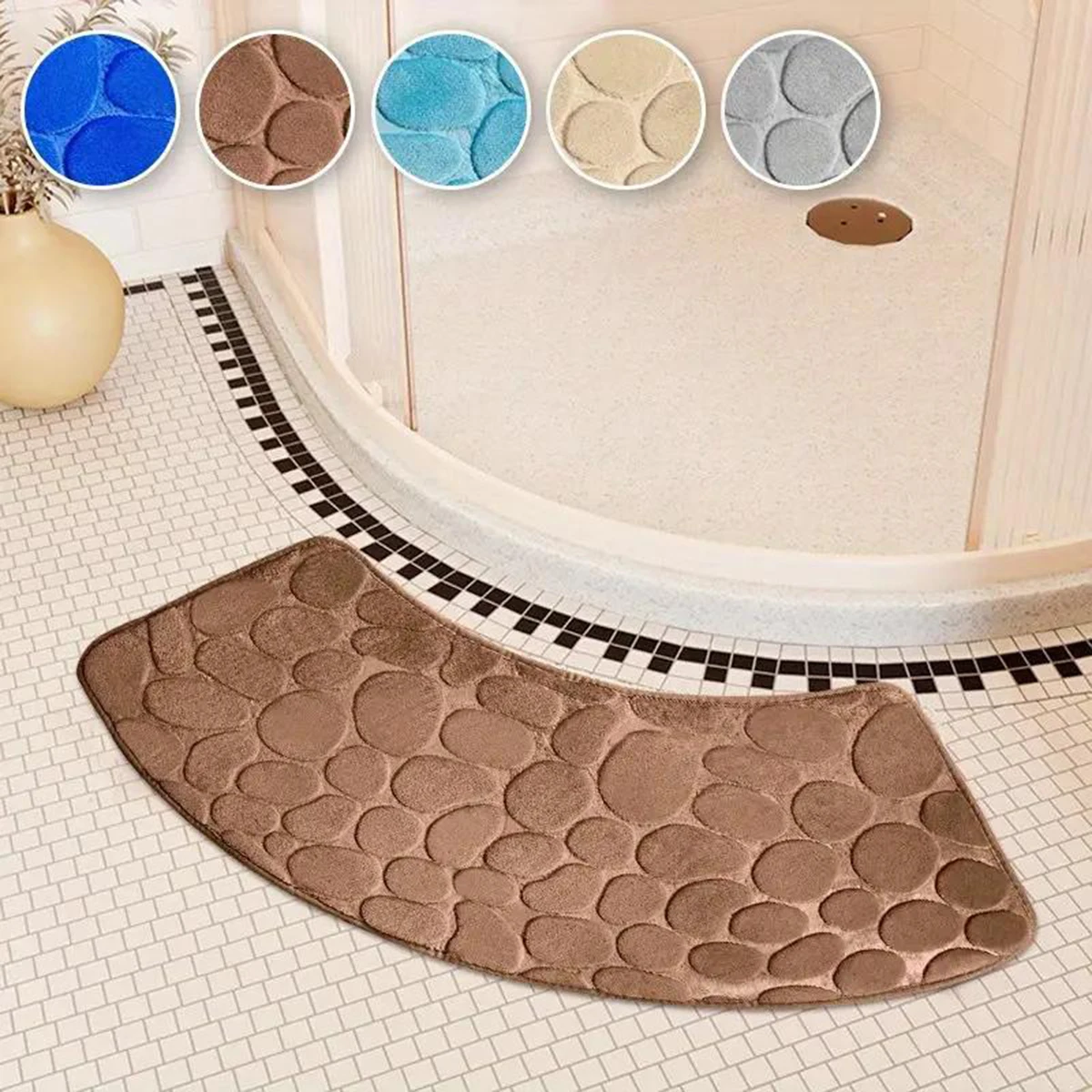 Bathroom Floor Mat Pebble Embossed Carpet Curved Scalloped Mat Non-slip Area Rug Absorbent Floor Mat Toilet Shower Bath Mat