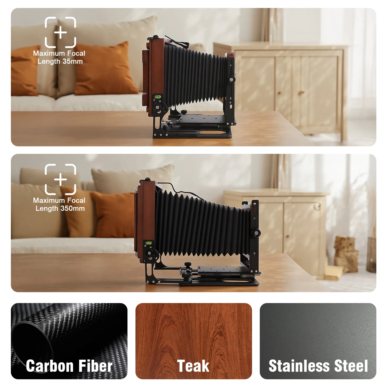 eTone Professional Munewca 4x5 Large Format Film Camera Carbon Fiber Composite with Teak Wood Lightweight Camera 4