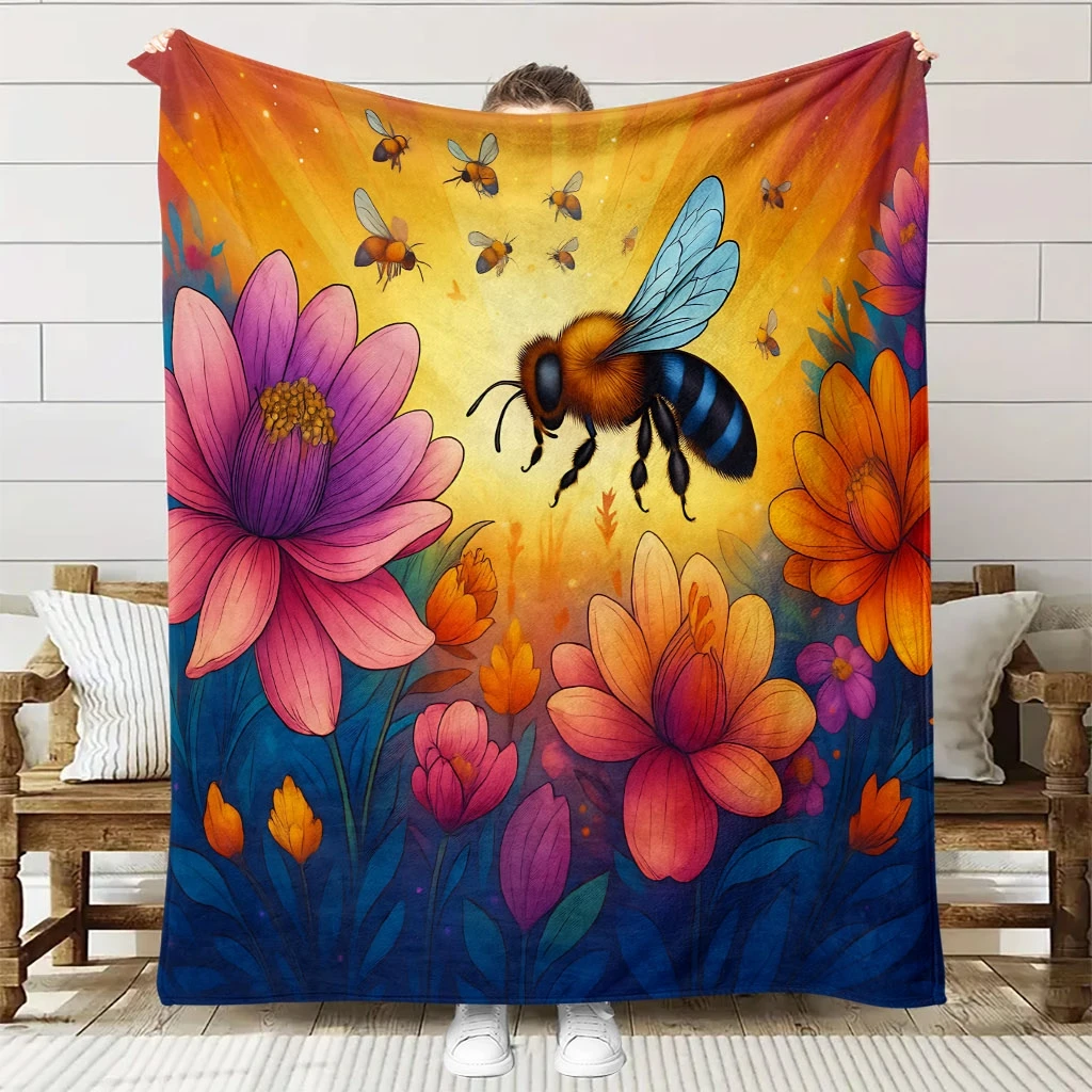 1pc Bee and Flower Fluttering Theme Flannel Blanket | High-Definition Digital Print, All-Season, Soft and Breathable, Ideal for