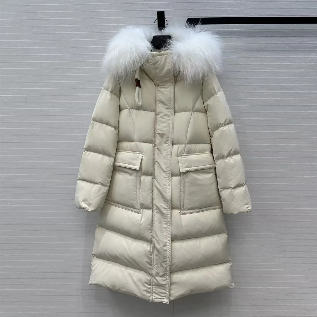 

Новое зимнее длинное пальто на белом гусином пуху, женское шерстяное пальто с меховым воротником и длинными рукавами, большие карманы, элегантная модная толстая теплая куртка