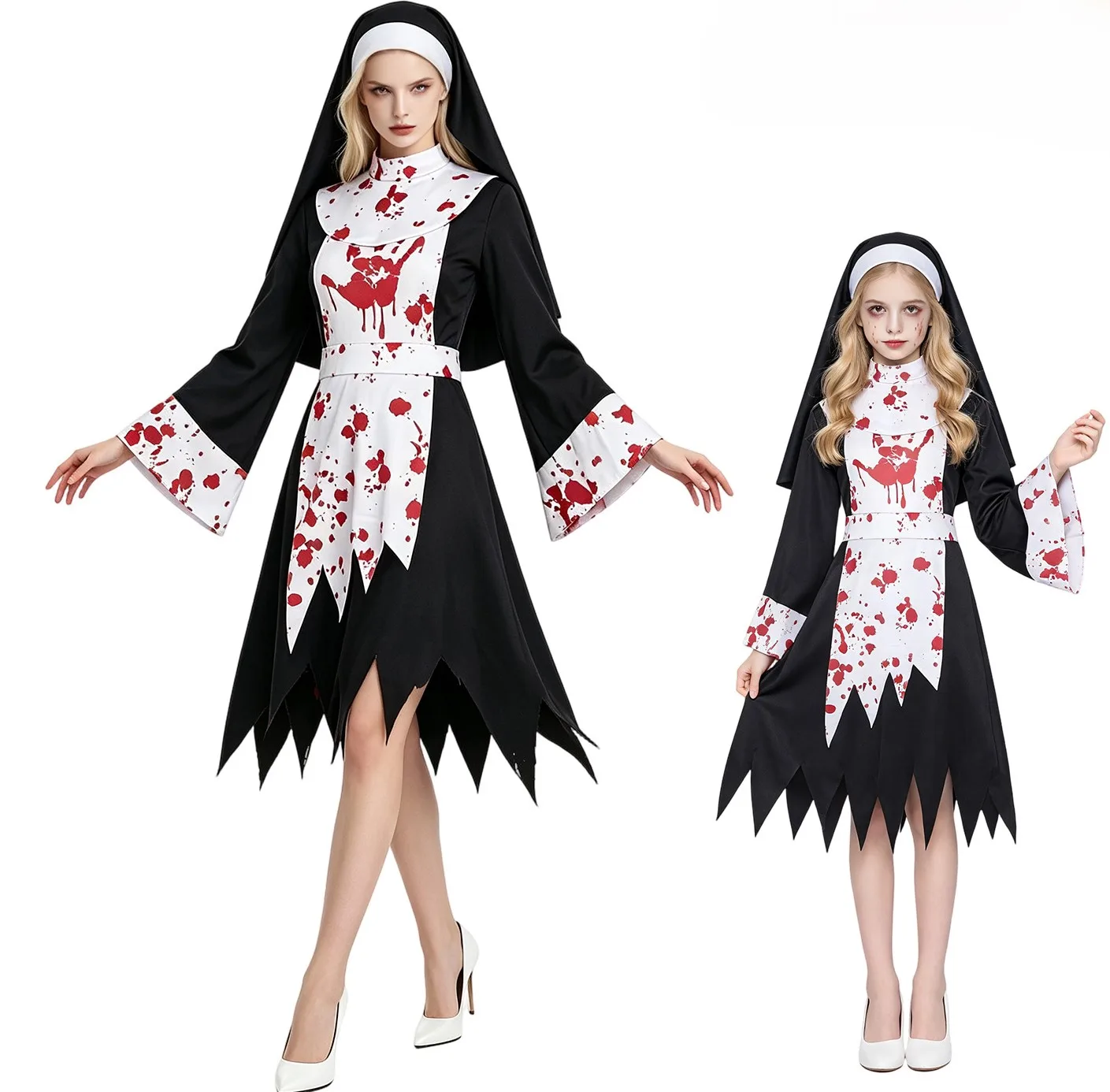 Horror Bloody Alice Cosplay Maid Dress, Zombie Vampire Nurse Nun Costume, Scary Halloween Party Performance Fancy Outfit