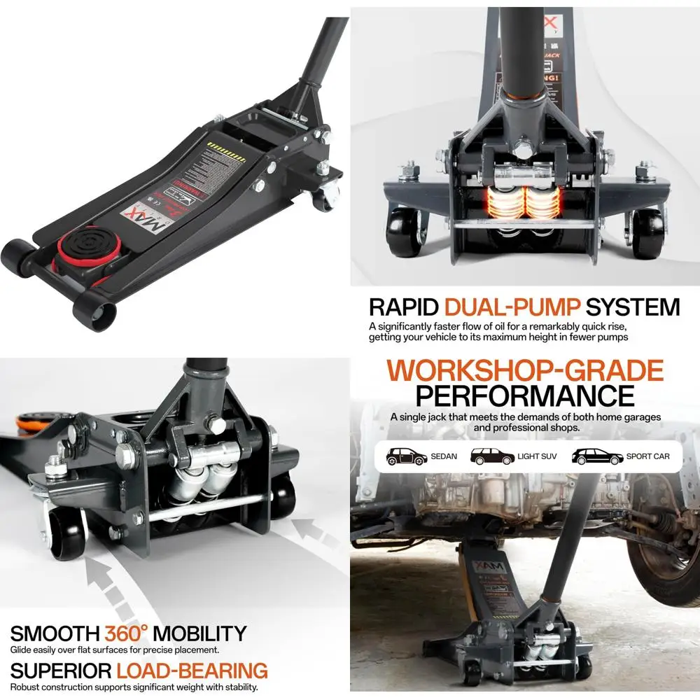 

Heavy-Duty 3-Ton Low Profile Steel Floor Jack with Dual Pistons for Quick Lift - Ideal for Home and Workshop Car Maintenance