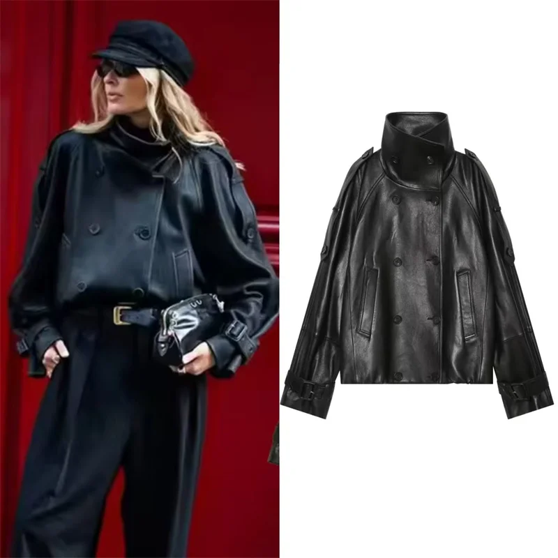 Veste pour femme 2026, nouvelle collection automne, noire, à manches longues, en similicuir, col rabattu, style motard, coupe ample, parka tendance et à la mode