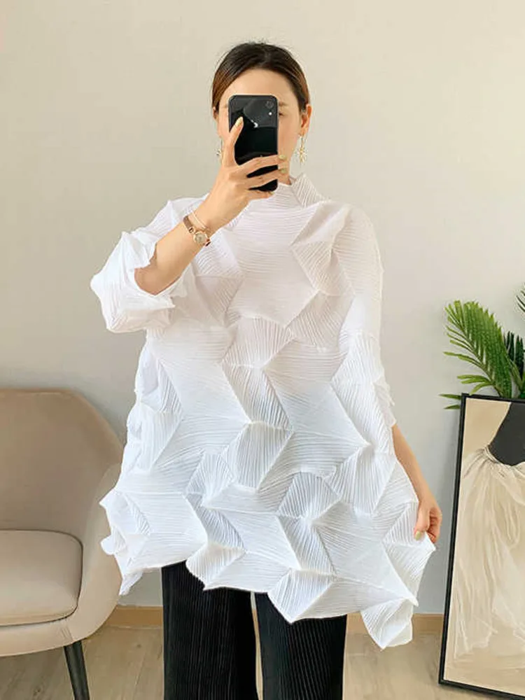 LANMREM Pleated T-shirt 2024 Summer Autumn New White Ruffled Wide T-shirts Loose Long Fold Shirts Female Fashion Top 2D3962