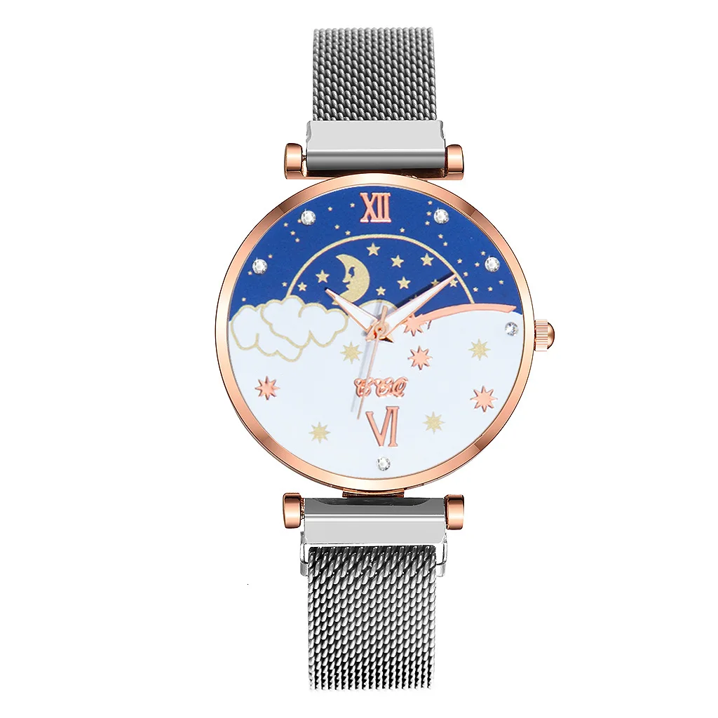 Tendencia De Mujer 2023 السيدات شخصية حزام من الجلد ساعة موضة جديدة الشمس القمر ستار حجر الراين ساعة ساعة امرأة عادية