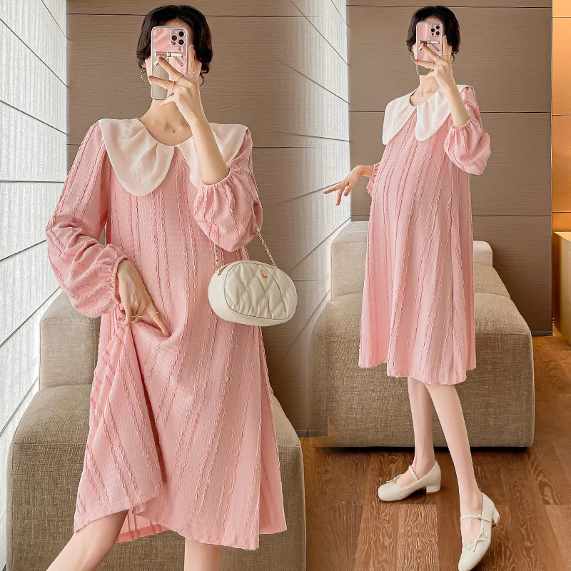 2623# 2023 Autumn Korean Fashion Maternity Dress Sweet Pink O neck Loose Clothes for Pregnant Women Cute Pregnancy Clothing