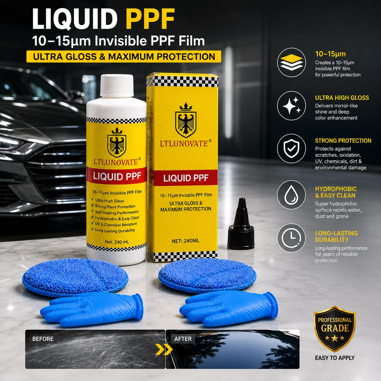 LTLUNOVATE Liquid PPF Car Paint Protection Coating 250ml 10-15um Protective Film High Gloss Hydrophobic UV Chemical Resistant