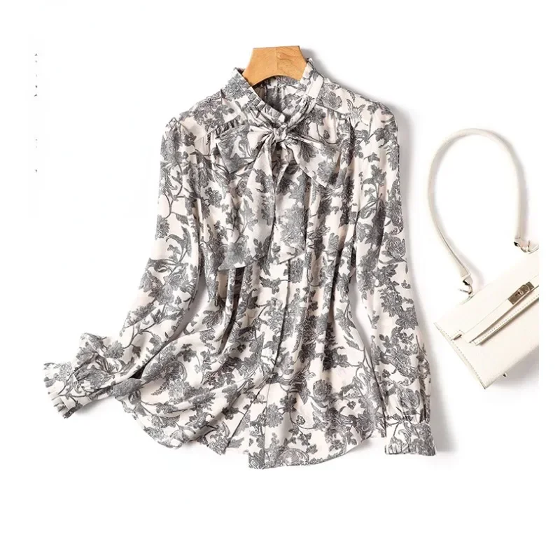 

Fashion Casual Print Office Blouse Women Vintage Bow Collar Woman Shirt Fashion Long Sleeve Loose Tops Elegant Lady Blusas 29954