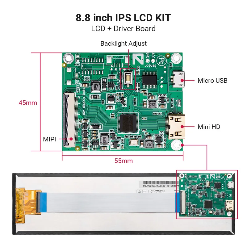 8.8 인치 긴 스트립 디스플레이 1920x480 스트레치 바 IPS LCD 패널, 8.8 인치 미니 HDMI 호환 마이크로 USB 60Hz MIPI 드라이버 보드