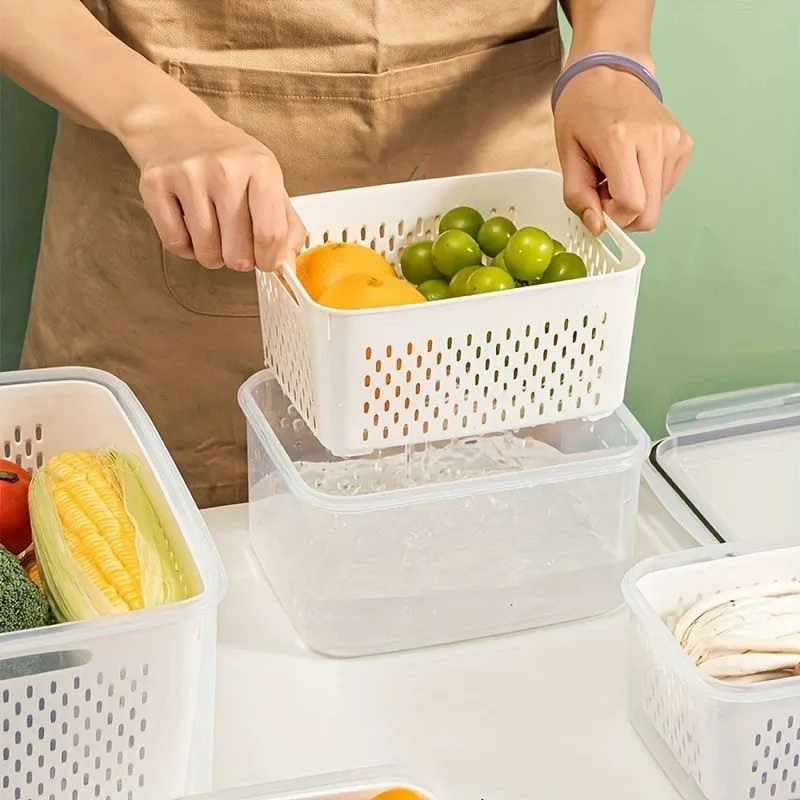 2pcs/set Plastic Bilayer Food Storage Boxes Refrigerator Fresh-keeping Vegetable Fruit Drainage Basket Kitchen Storage Container