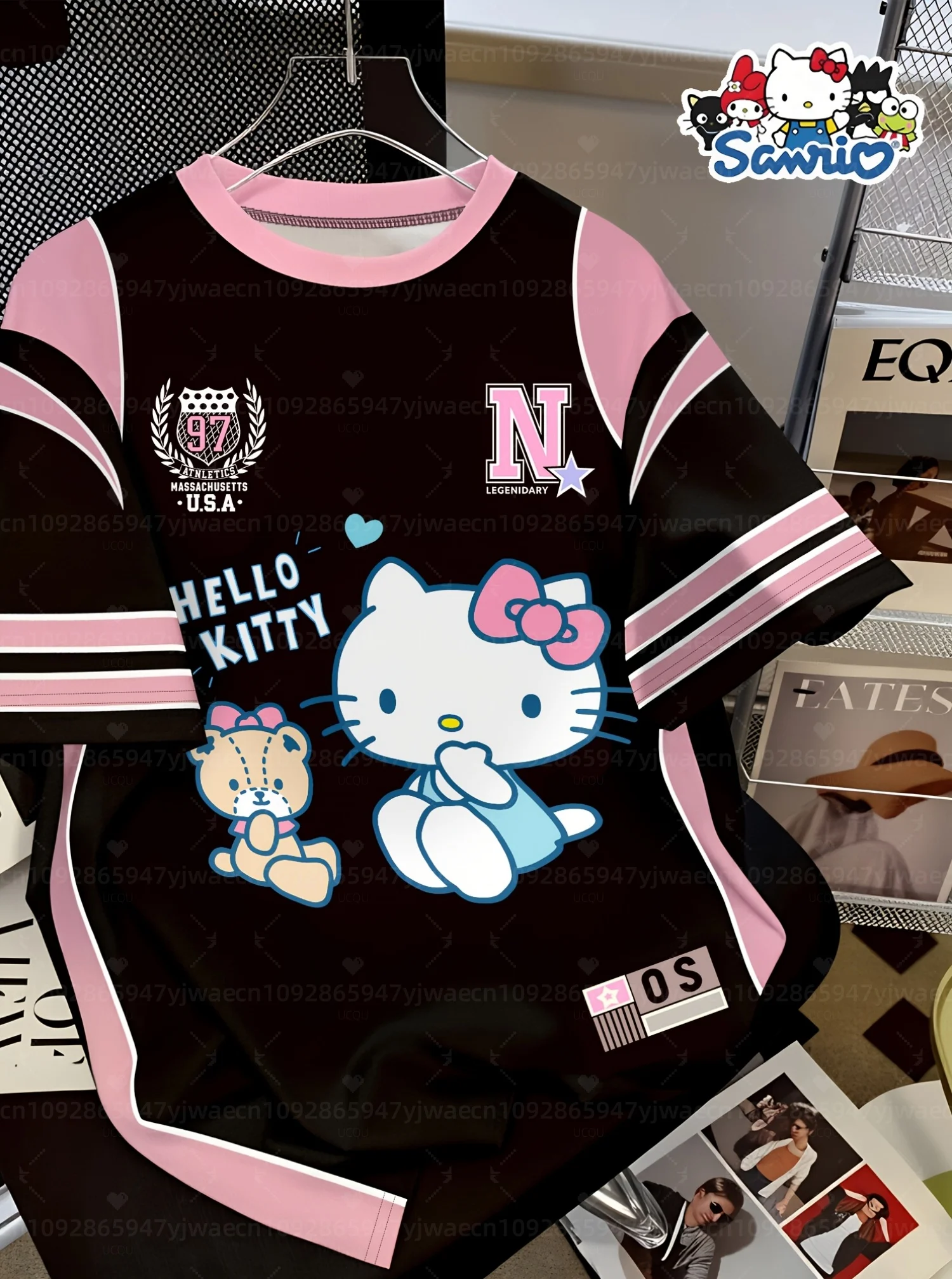 

Летняя женская и детская повседневная футболка с принтом Hello Kitty и Kuromi, милая футболка с круглым вырезом для мальчиков, спортивная футболка для активного отдыха, мужская футболка