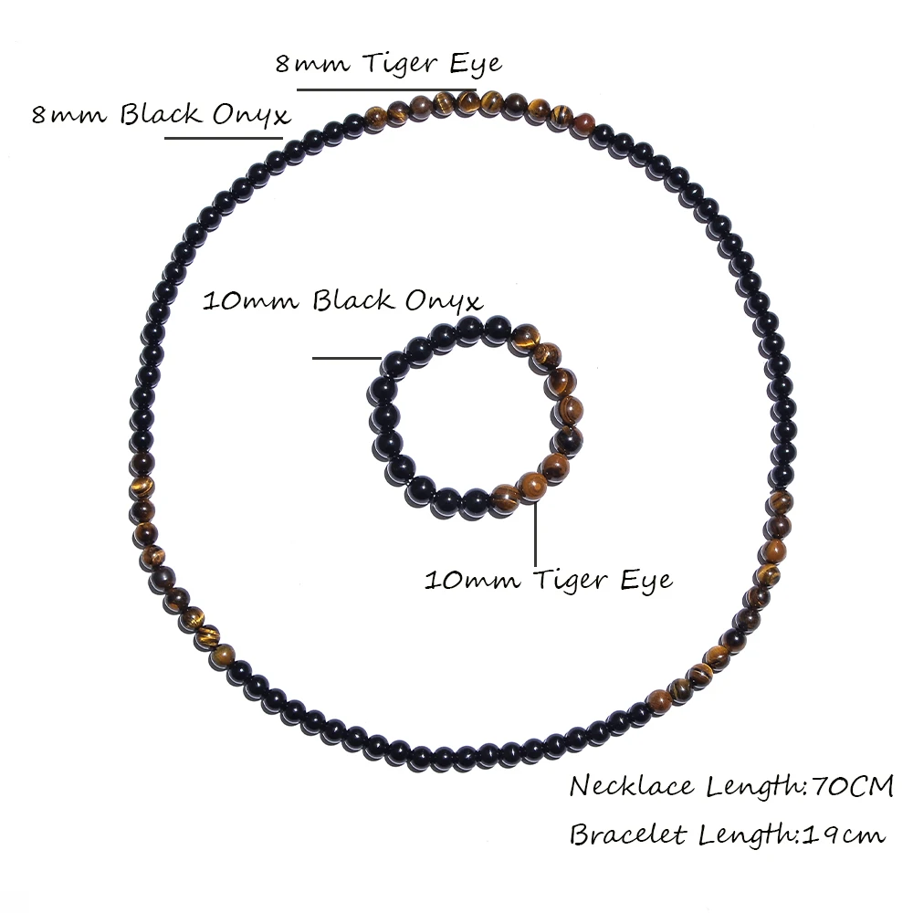 8mm Gelbe Tigerauge Schwarzer Onyx Perlenkette Herren und Damen Choker Lange Halskette Schmuckset – Detail 2